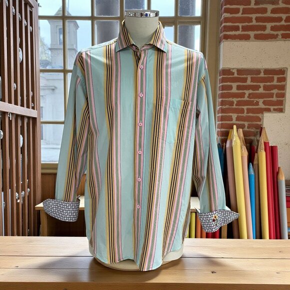 Bugatchi Uomo Striped Shirt Preowned Cotton Pastel Smart Casual Artsy Unique - Picture 1 of 13